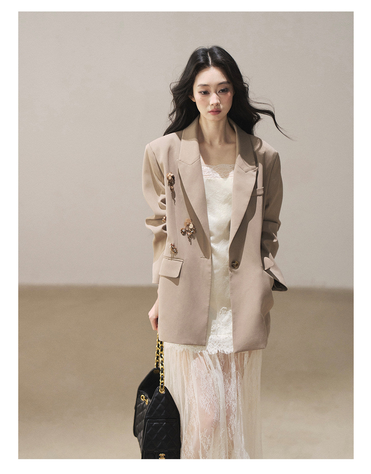 170726 "Your Open Meadow" Cream Apricot White Lace Slip Dress + Gray Taupe Tailored Blazer