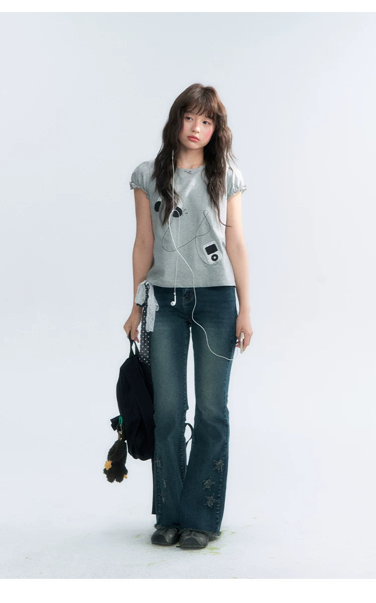 "Vintage Stardust" Star Embroidered Flared Jeans