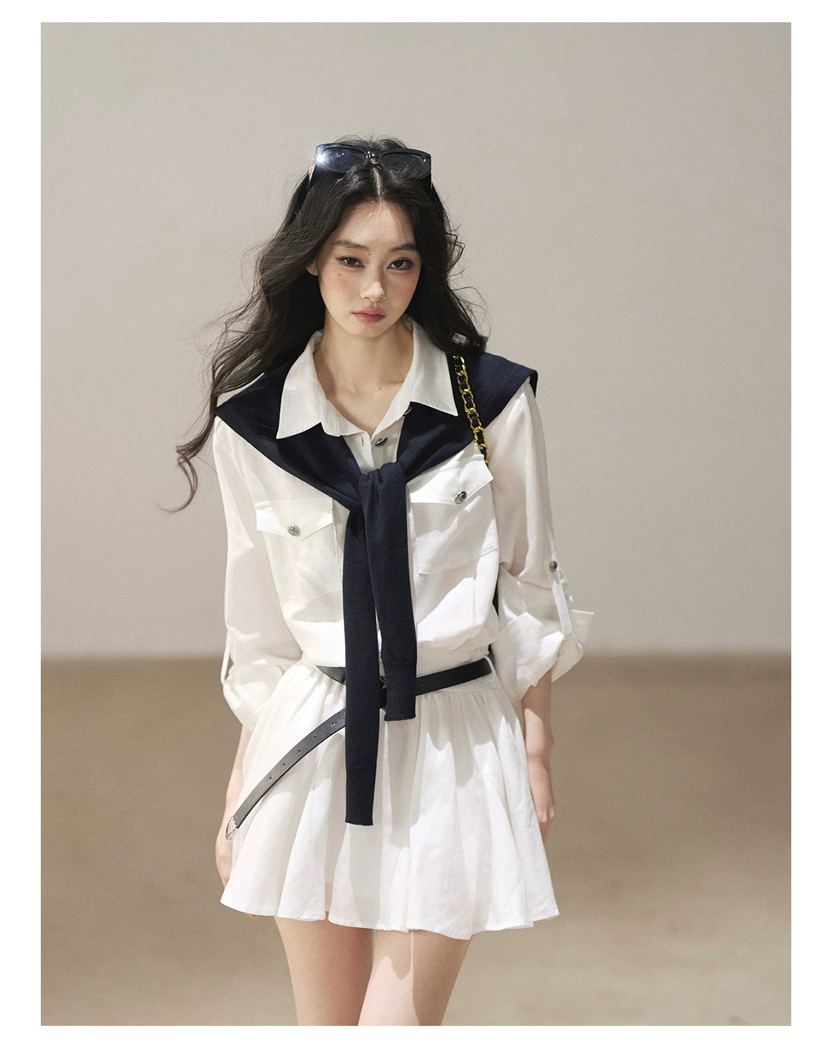 AOMALM - "Moonlight Sinks into the Sea" High-Intellect Utility Shirt Dress (Plain White / Navy Blue, with Belt & Optional Shawl)