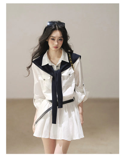 AOMALM - "Moonlight Sinks into the Sea" High-Intellect Utility Shirt Dress (Plain White / Navy Blue, with Belt & Optional Shawl)