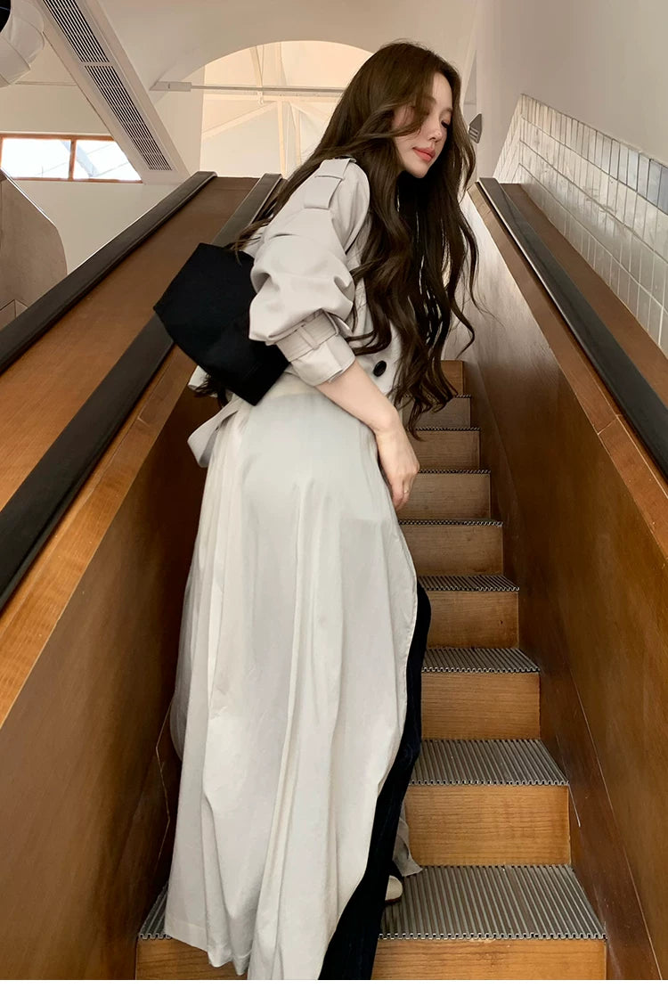 LaluneDuCiel - Beige Gray Double-Breasted Long Trench Coat