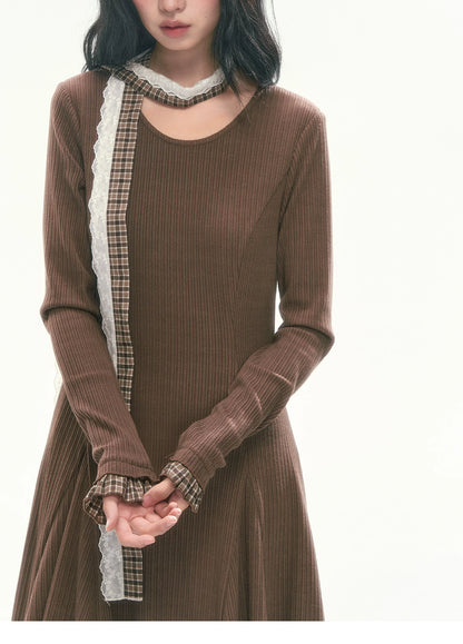 CAN - "Brownie Winterfield" Brown Plaid-Trim Ruched Knit Midi Dress