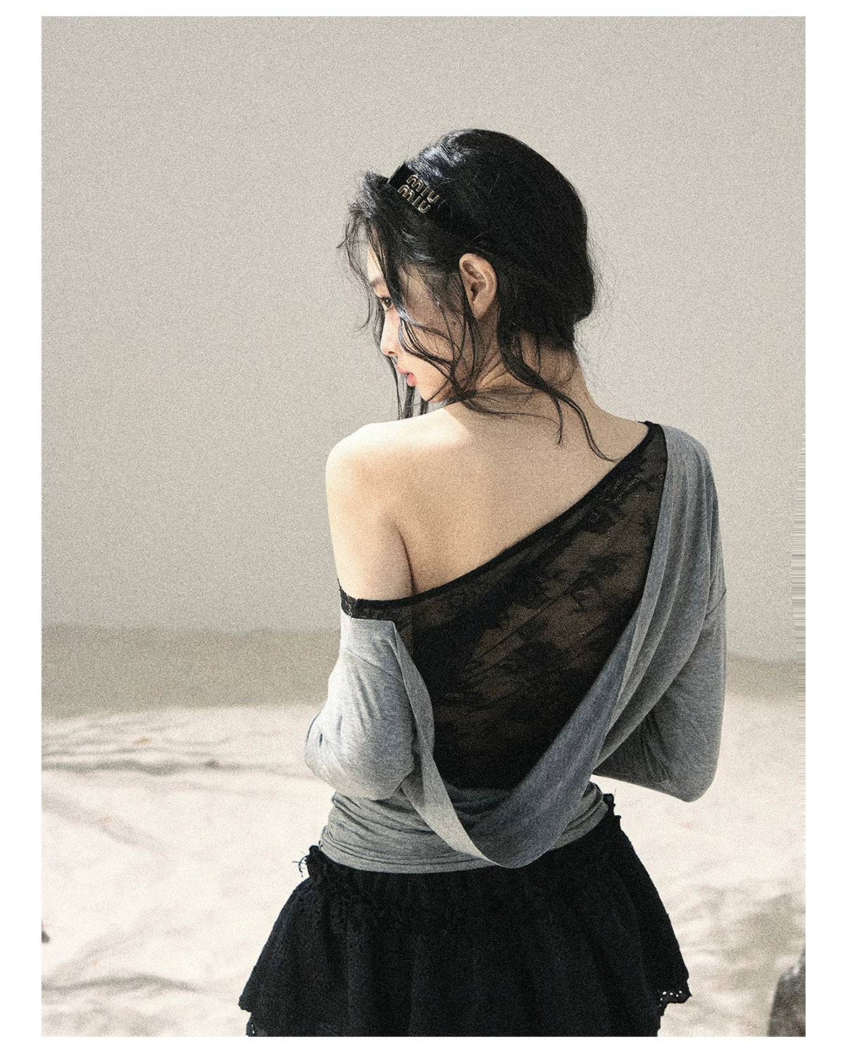 "Free Spirit" Moon Mist Gray Faux-Layer One-Shoulder Lace Top