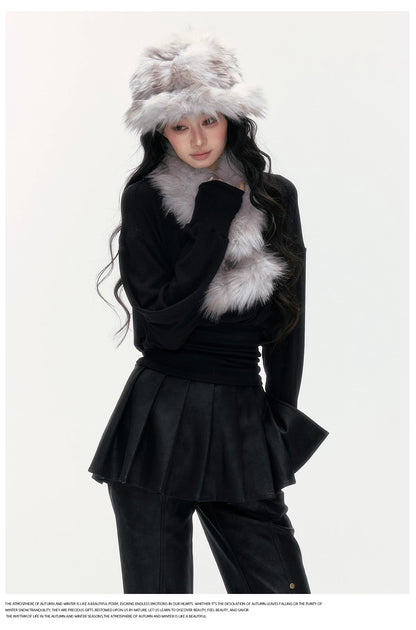 24olvides - [FREE GIFT] Winter Accessories Set: Faux Fur Scarf, Bucket Hat & Satin Bow Brooch