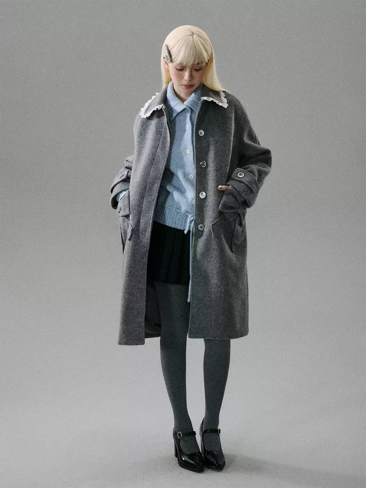 “Winter Cedar Lace Bow” Wool-Blend Loose-Shoulder Coat - Gray M6665