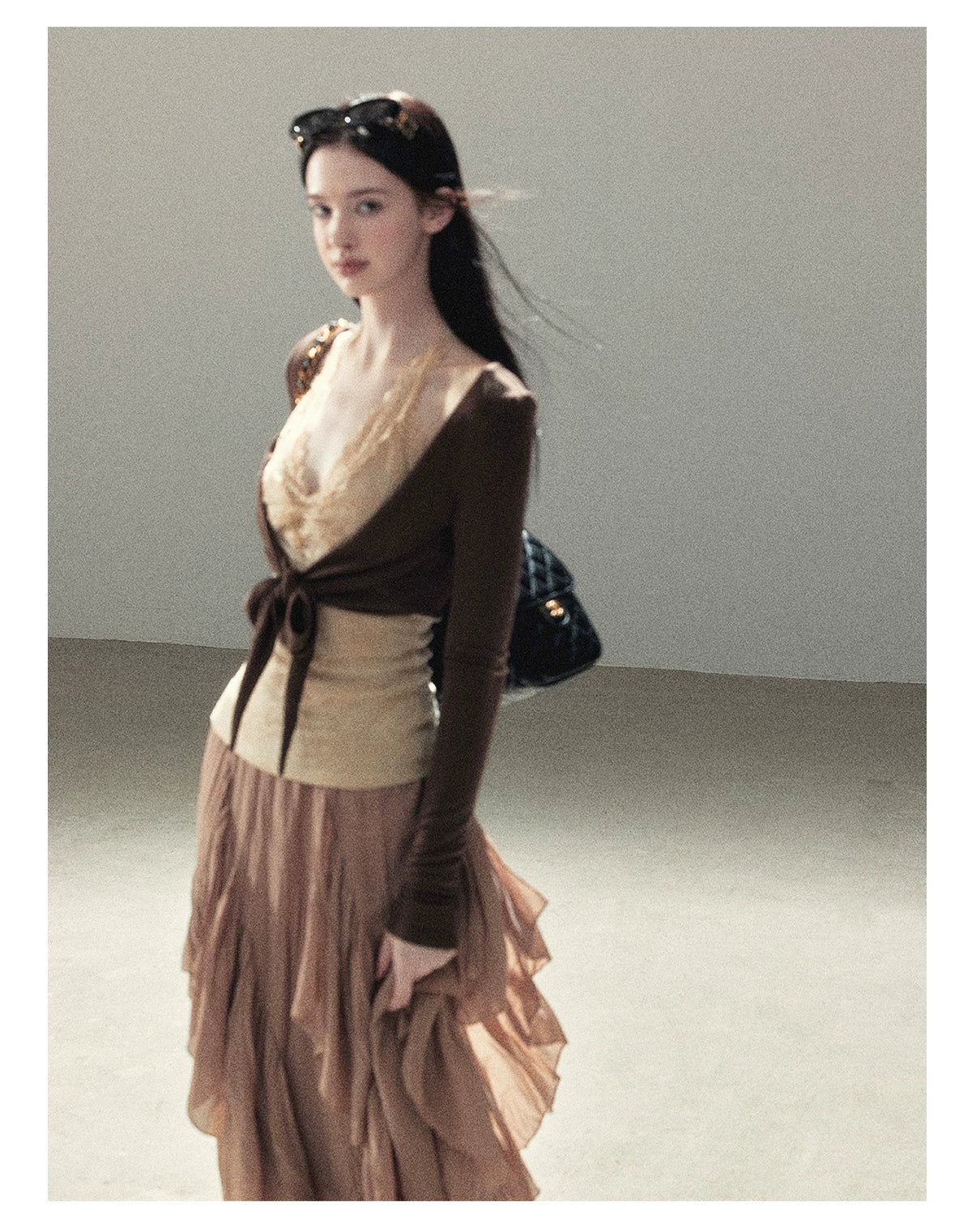AOMALM - "Tender in This Moment" Rich Cocoa Faux Two-Piece Lace Top