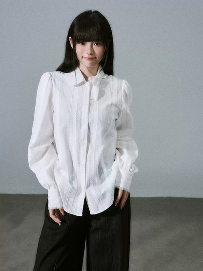 LOST FOREST - Pure White Cotton Jacquard Bow Blouse – Japanese Sweet Girl Style