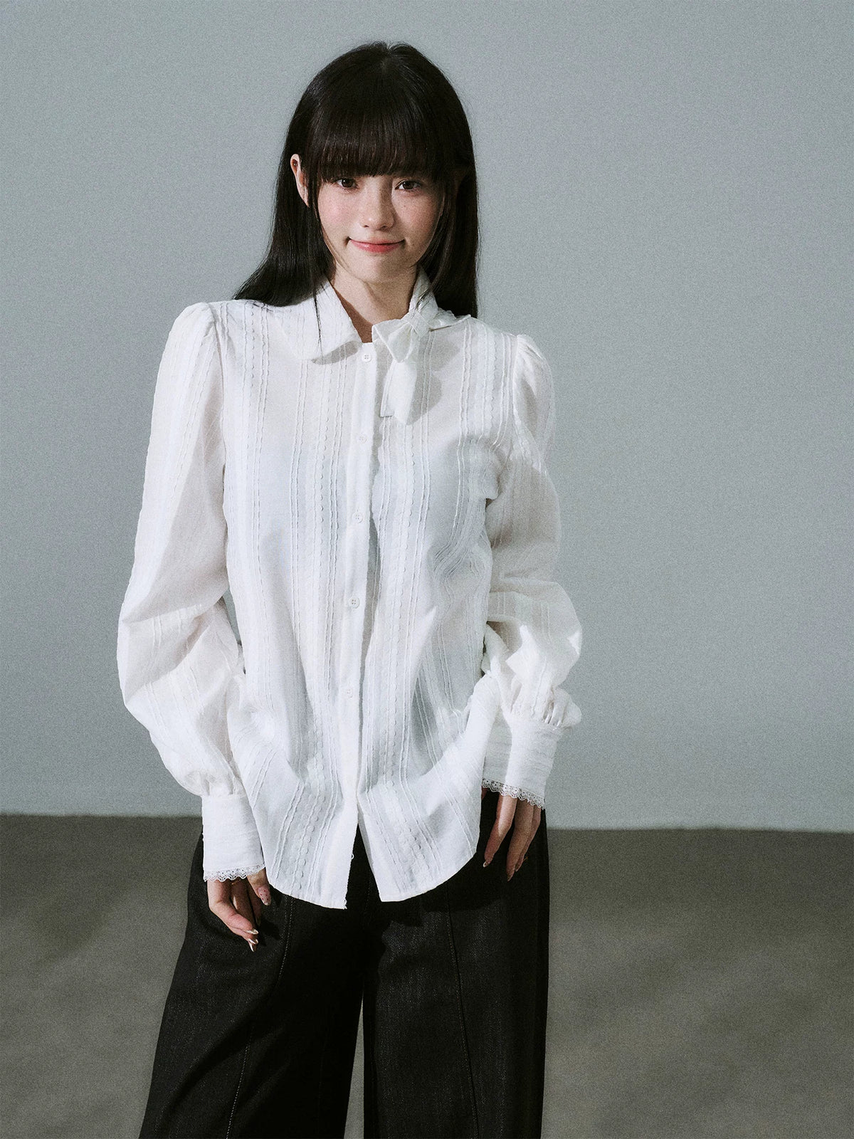 LOST FOREST - Pure White Cotton Jacquard Bow Blouse – Japanese Sweet Girl Style