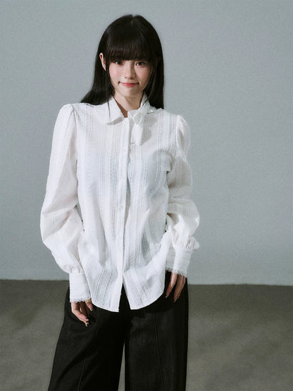 LOST FOREST - Pure White Cotton Jacquard Bow Blouse – Japanese Sweet Girl Style