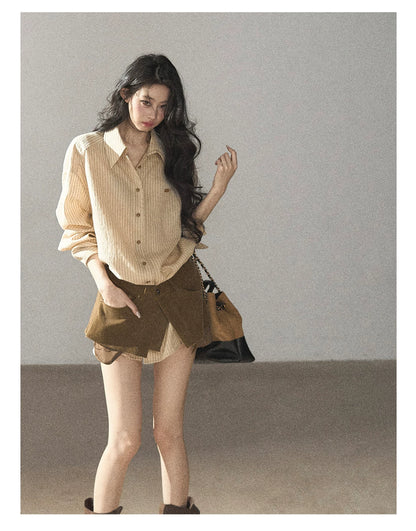 AOMALM - "Autumn Botanicals" Amber Yellow Striped Shirt & Wrap Faux Half-Skirt Set
