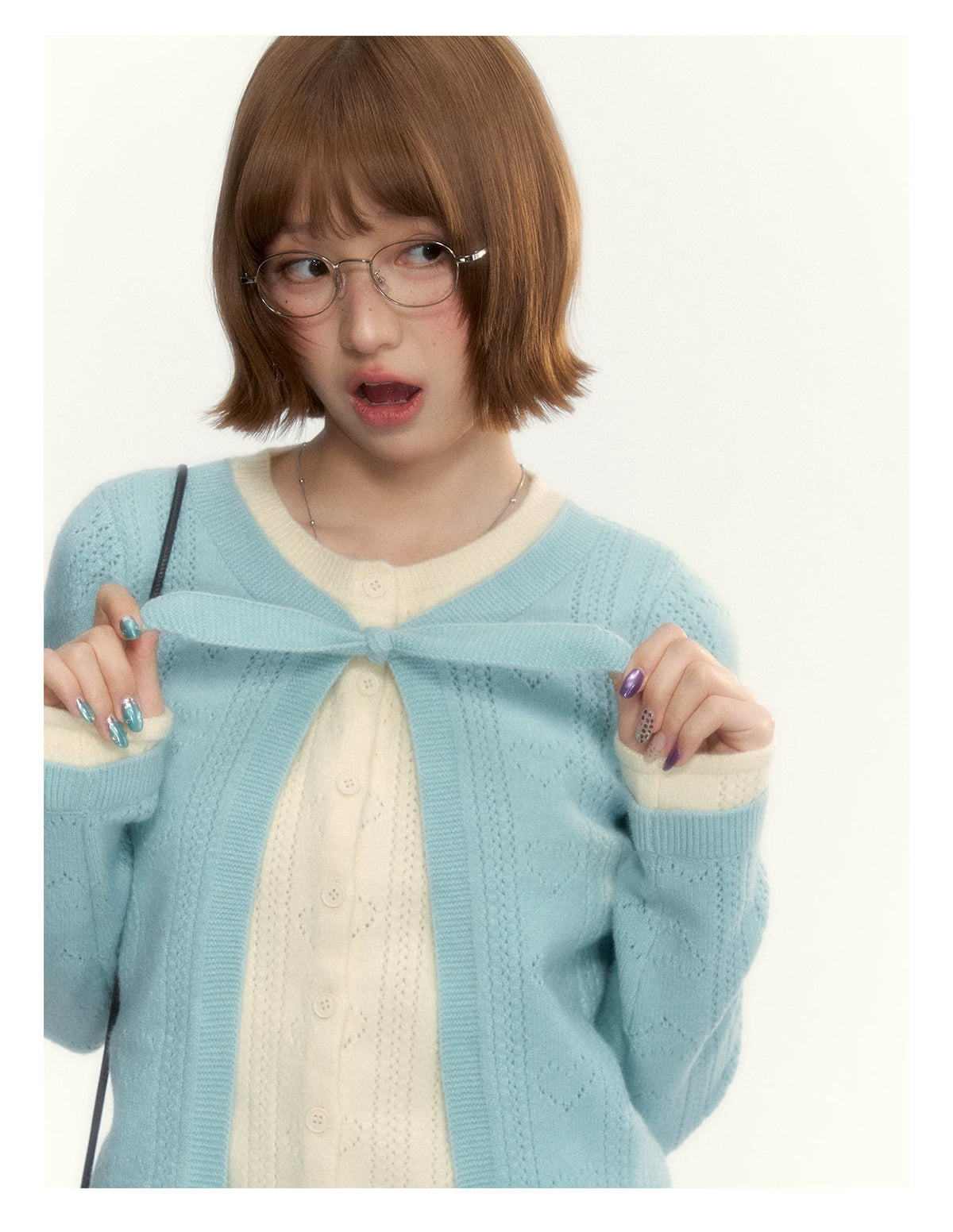 Korean Contrast Bow-Tie Layered Knit Cardigan (Blue / Purple)