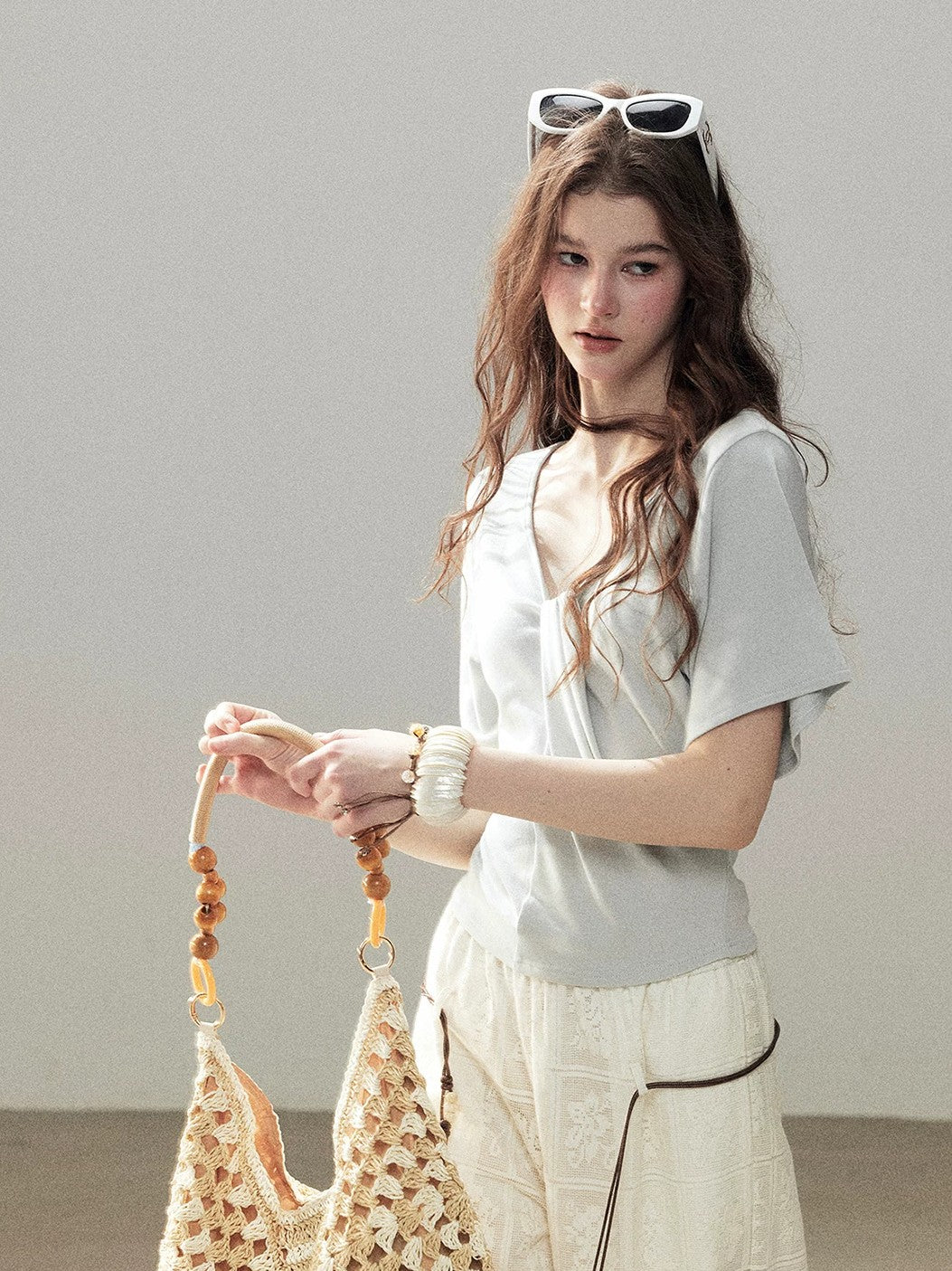 "Moonlight on Water" Twist-Front Cropped T-Shirt (Silver Mink Gray/ Mist Blue)