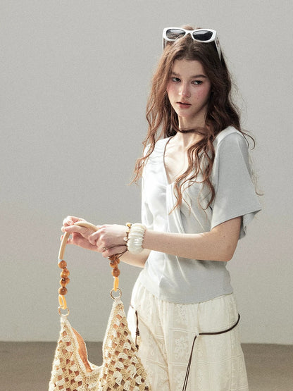 "Moonlight on Water" Twist-Front Cropped T-Shirt (Silver Mink Gray/ Mist Blue)