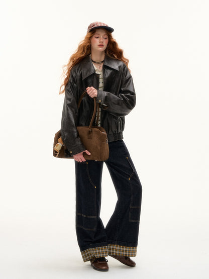 ASGONY - Plaid Cuff Contrast Wide-Leg Raw Denim Jeans (Yellow Plaid)