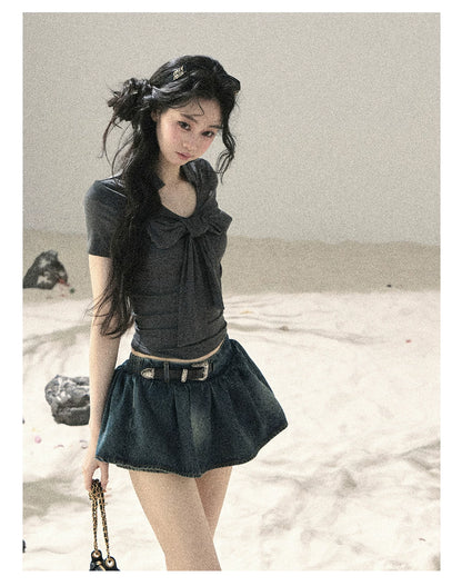 "Breeze Through the Bow" Slate Gray V-Neck Crop Top