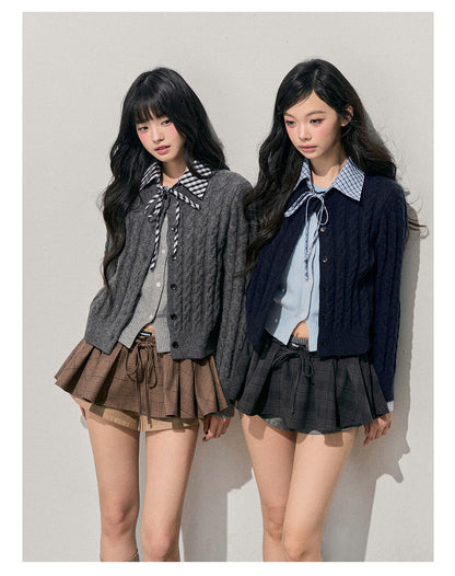 少也眼 “She Sinks into Dusk” Faux-Layered Cable-Knit Cardigan 511256