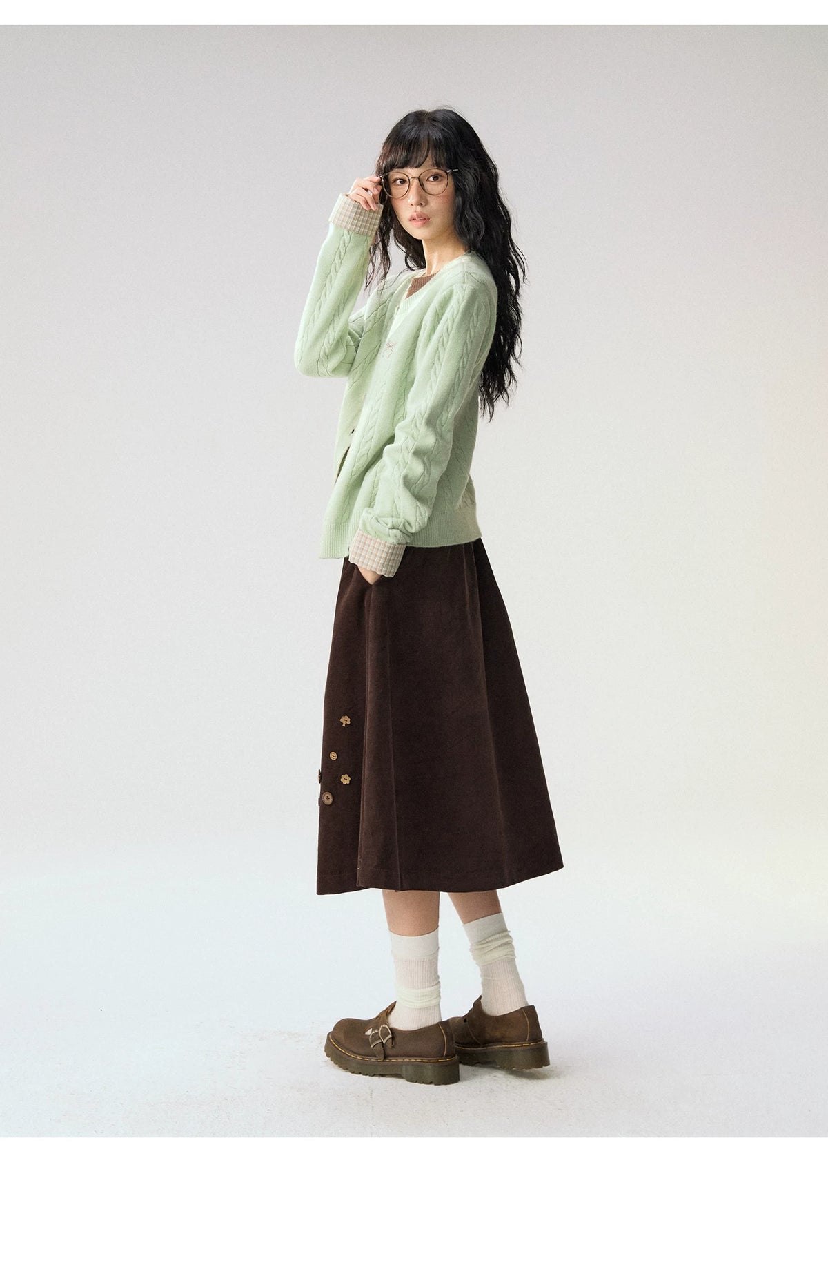 [CAN] "Autumn Letter" Bow Embroidered Faux-Layered Cable Knit Cardigan (Pink & White / Sage Green & Brown)