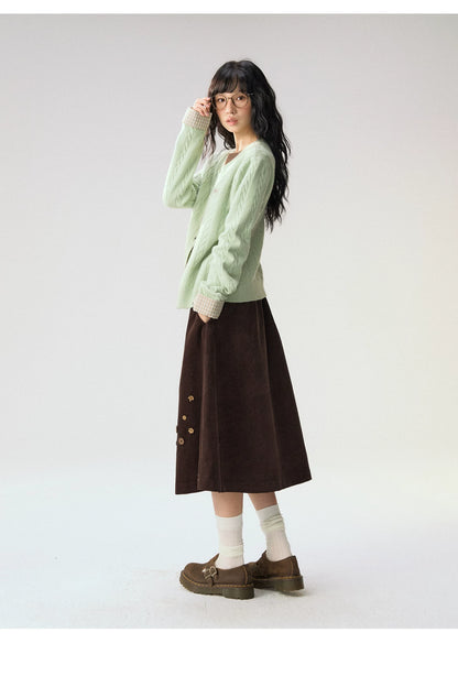 [CAN] "Autumn Letter" Bow Embroidered Faux-Layered Cable Knit Cardigan (Pink & White / Sage Green & Brown)
