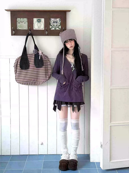 KYOUKO - Grape Purple Polka-Dot Top & Vintage Skirt Set