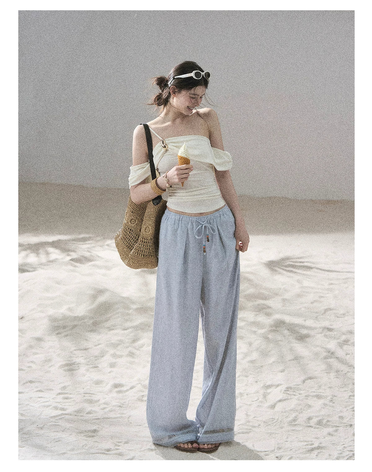 "Follow the Sea Breeze" Lightweight Straight-Leg Wide-Leg Pants (Lotus Pink/ Gray Sage Green/ Gray Blue)