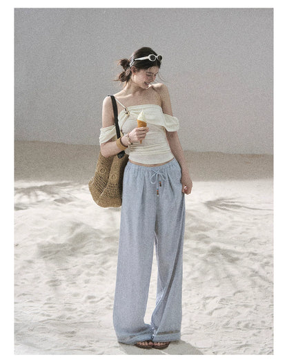 "Follow the Sea Breeze" Lightweight Straight-Leg Wide-Leg Pants (Lotus Pink/ Gray Sage Green/ Gray Blue)