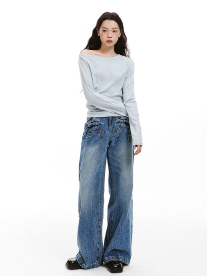 “Bow Pocket Wash” Wide-Leg Loose Denim Jeans - Blue ML6661