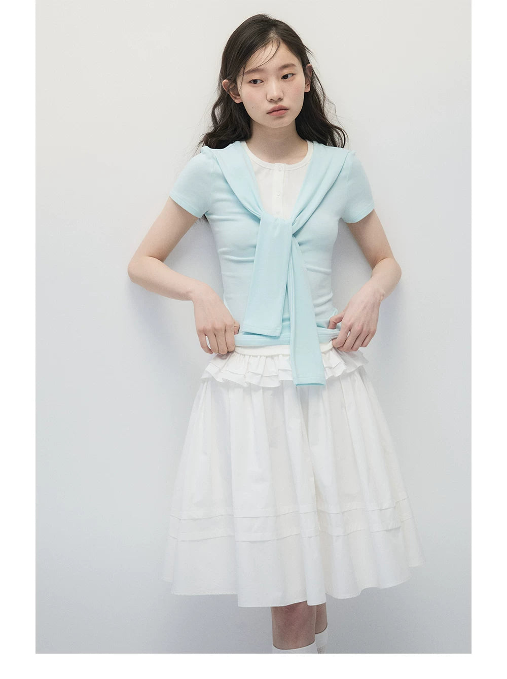 Mint Blue Faux Two-Piece Top & White A-Line Midi Skirt Set