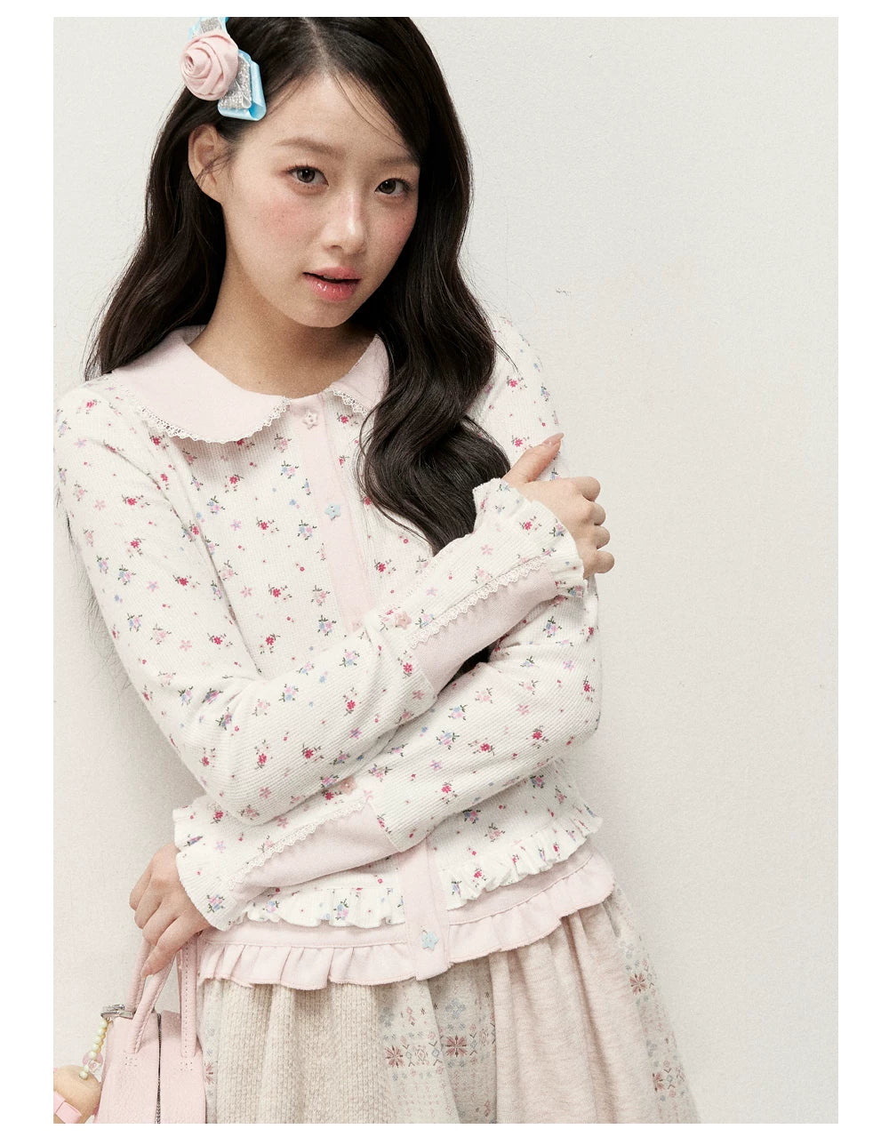 [RF] Waffle Texture Peter Pan Collar Floral Cardigan in Soft Pink