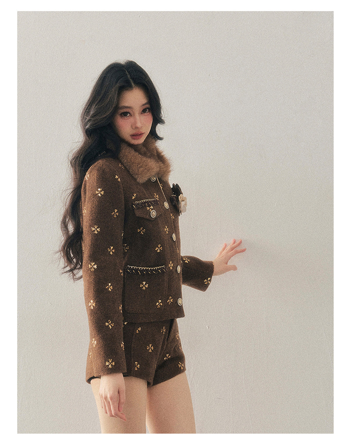 少也眼 "Deep Winter Wutong" Quilted Wool Tweed Two-Piece Set