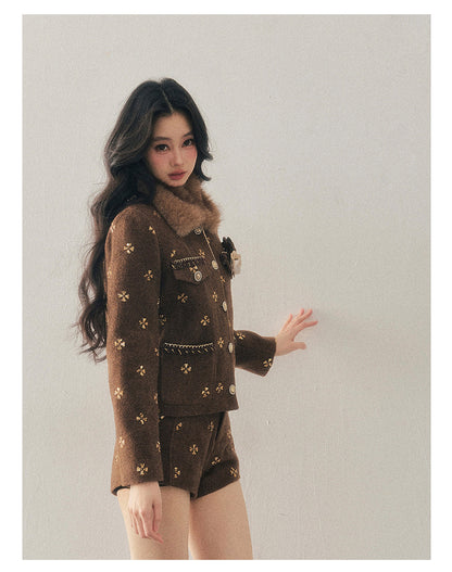 少也眼 "Deep Winter Wutong" Quilted Wool Tweed Two-Piece Set
