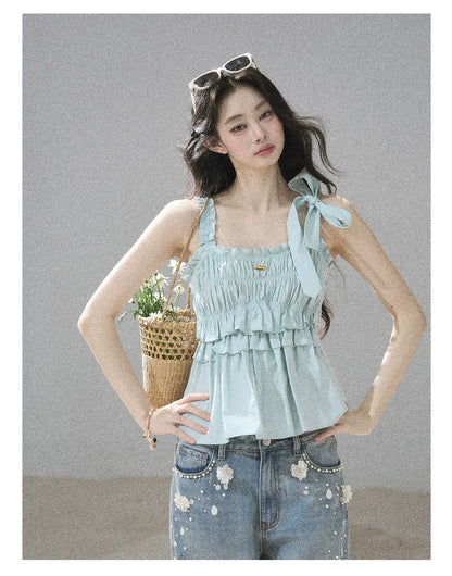 "Gentle Whisper" Glacier Blue Ruffle Peplum Cotton Top