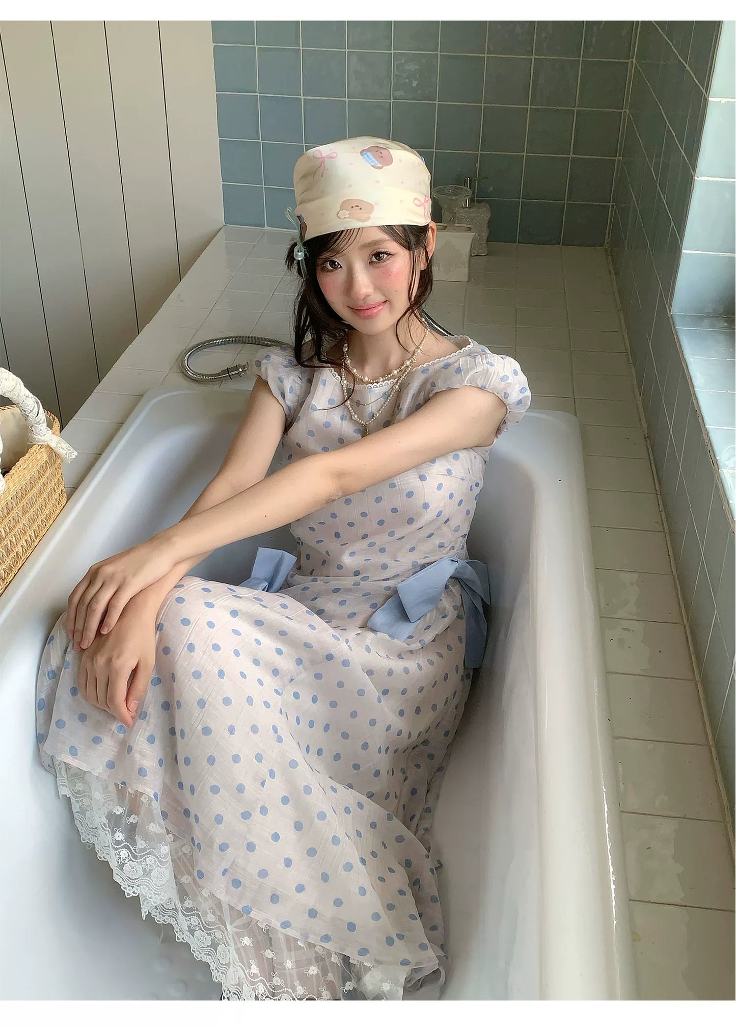 “Blue Mist Polka Reverie” Mist Blue Bow Lace Dress