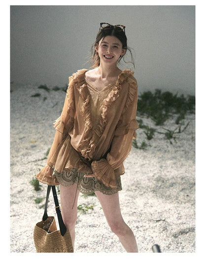 “Whispers of the Wind” Ash Caramel Lace Chiffon Blouse (With Belt)