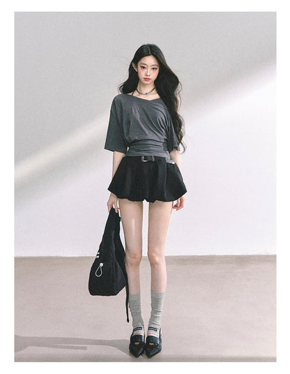 少也眼 “Smart Relax” Asymmetric Halter Short Tee - Gray
