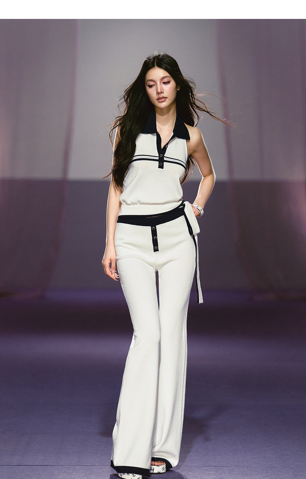 "Coastal Ease" Ivory Halter Knit Top & Contrast Knit Flare Pants Set