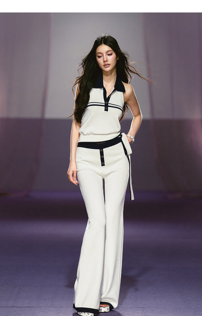 "Coastal Ease" Ivory Halter Knit Top & Contrast Knit Flare Pants Set