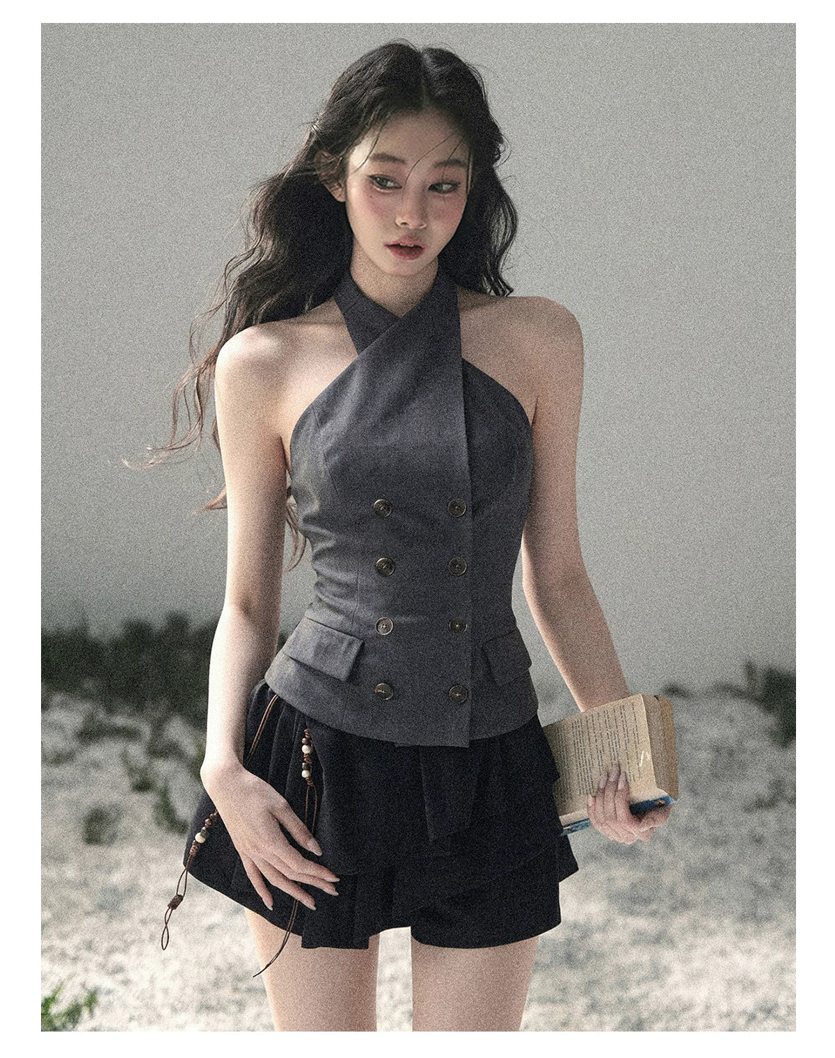 "The Unsent Letter" Deep Slate Gray Halter Tailored Top