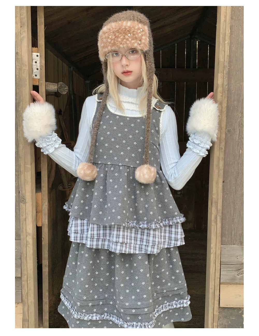 RF - Gray Floral Pinafore Top and Plaid Ruffle Skirt Set