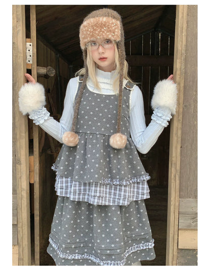 RF - Gray Floral Pinafore Top and Plaid Ruffle Skirt Set