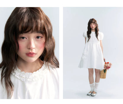 "Puff Doll Dress" Ruffle Trim Puff Sleeve Cotton A-Line Dress (White/ Black)