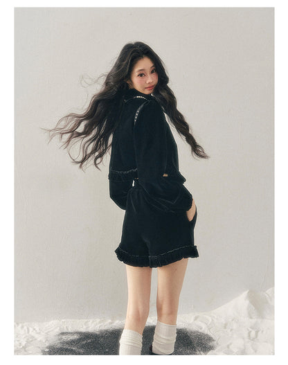 少也眼 “The Seventh Nocturne” Black Velvet French-Style Jacket & Shorts Set