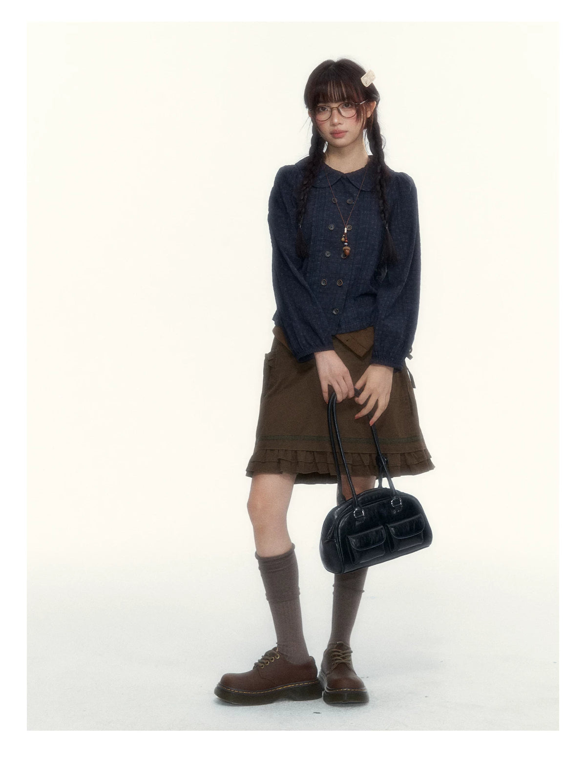 “Wild Caramel” Brown Washed Layered Ruffle Bow Pocket A-Line Skirt
