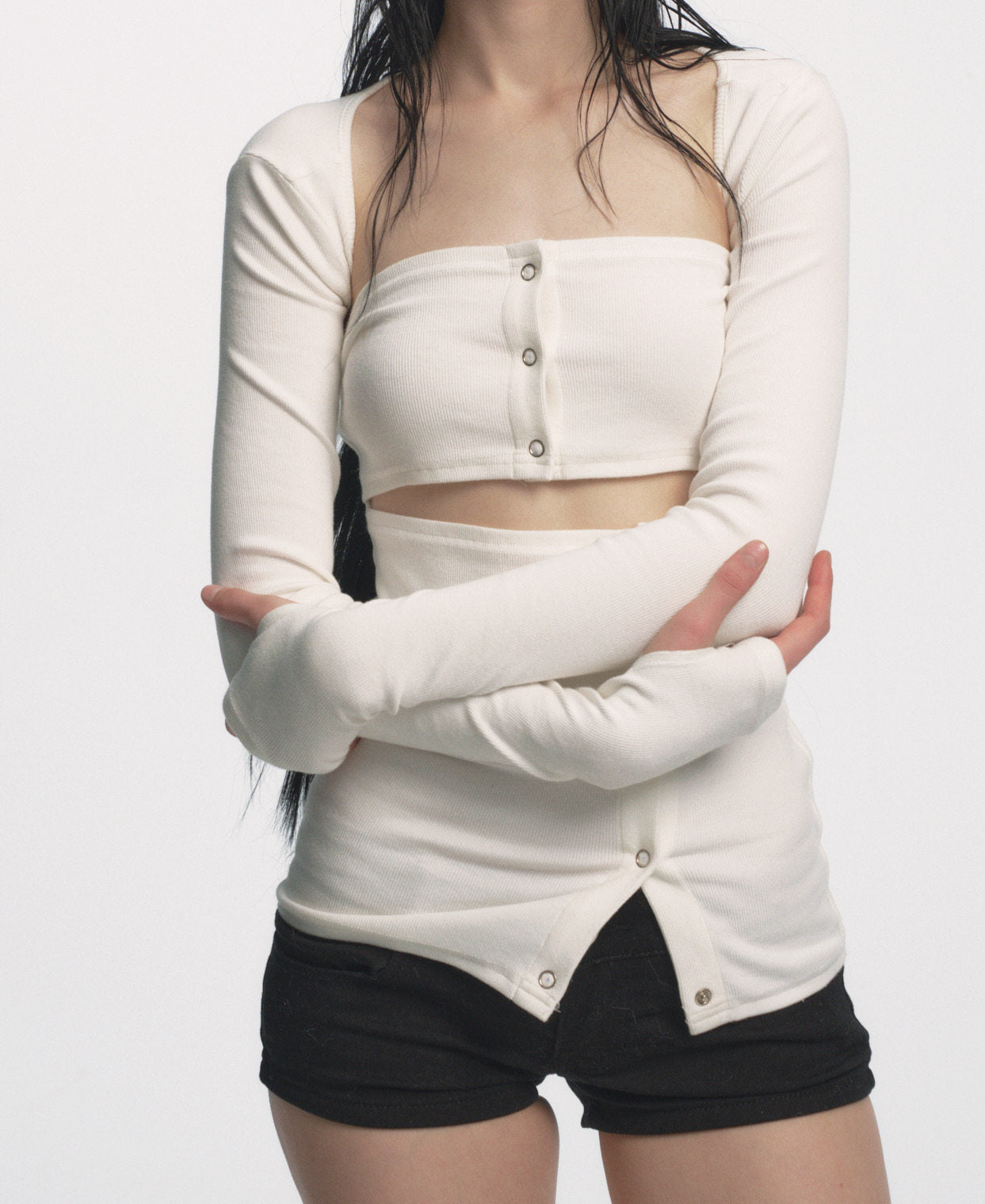 Muirgen - White Y2K Sculpted Ribbed Waist-Cinched Base Top