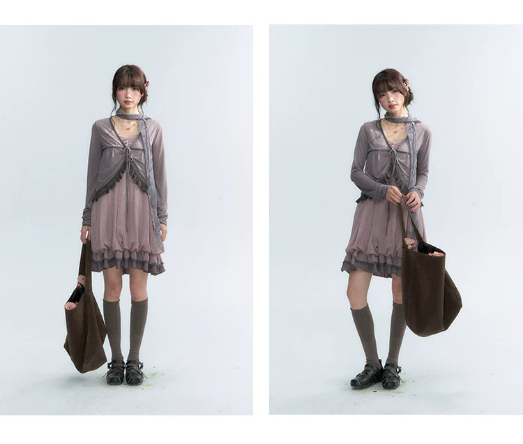 "Misty Lavender Reverie" Vintage Floral Lace Trim Midi Slip Dress