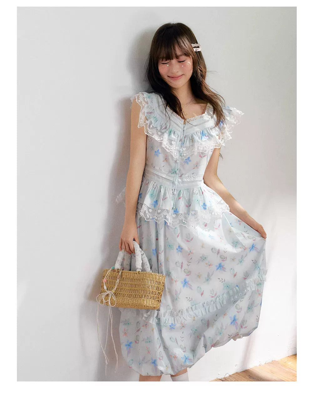 “Mint Blossom Isle” Blue Lace Trim Top & Bubble Hem Skirt