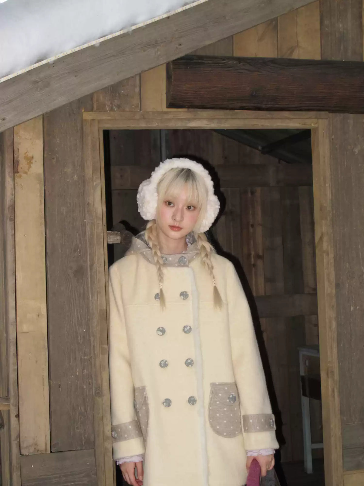 RF - Cream Yellow Hooded Wool-Blend Coat with Polka Dot Pockets