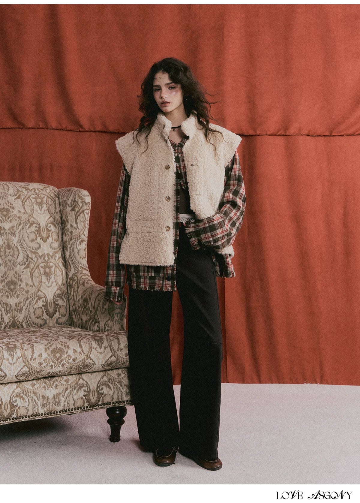 ASGONY - Brown Reversible Suede Faux Shearling Drawstring Vest