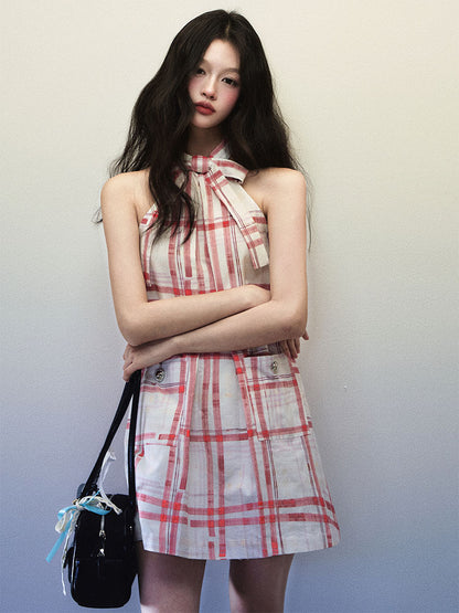 1P - “LALISA” Cherry Plaid Halter Bow Cotton Mini Dress