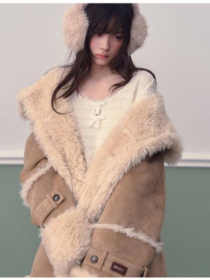 Soote Season - Oversized Korean-Style Faux Suede Shearling Collar Mid-Length Coat - Camel Brown