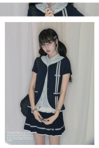 "Midnight Blossom" Vintage Floral Collection (Sleeveless Blouse / Hooded Cardigan / Box Pleated Skirt)